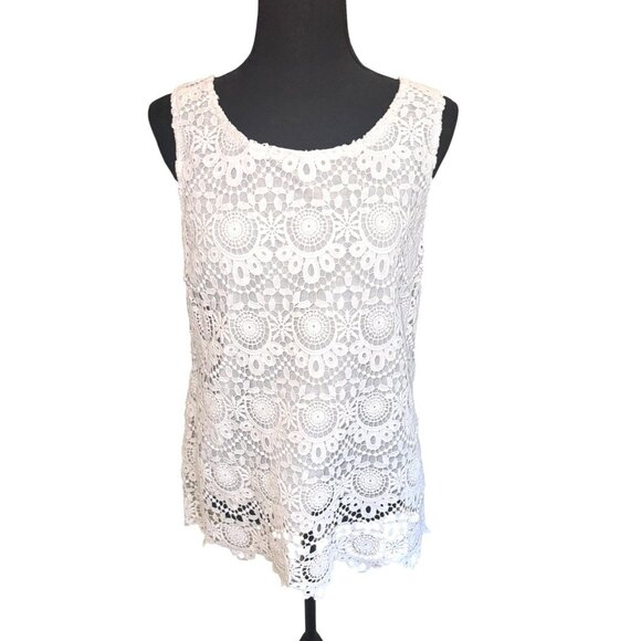 Lilly Pulitzer White Crochet Lace Sleeveless Top  L 100% Cotton Keyhole Back - Picture 2 of 10